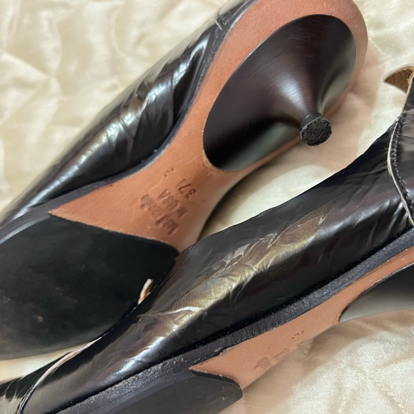 CYDWOQ Vintage Black Leather Kitten Heels Pumps Glossy Soft Iridescent 37 Shoes - Picture 10 of 11